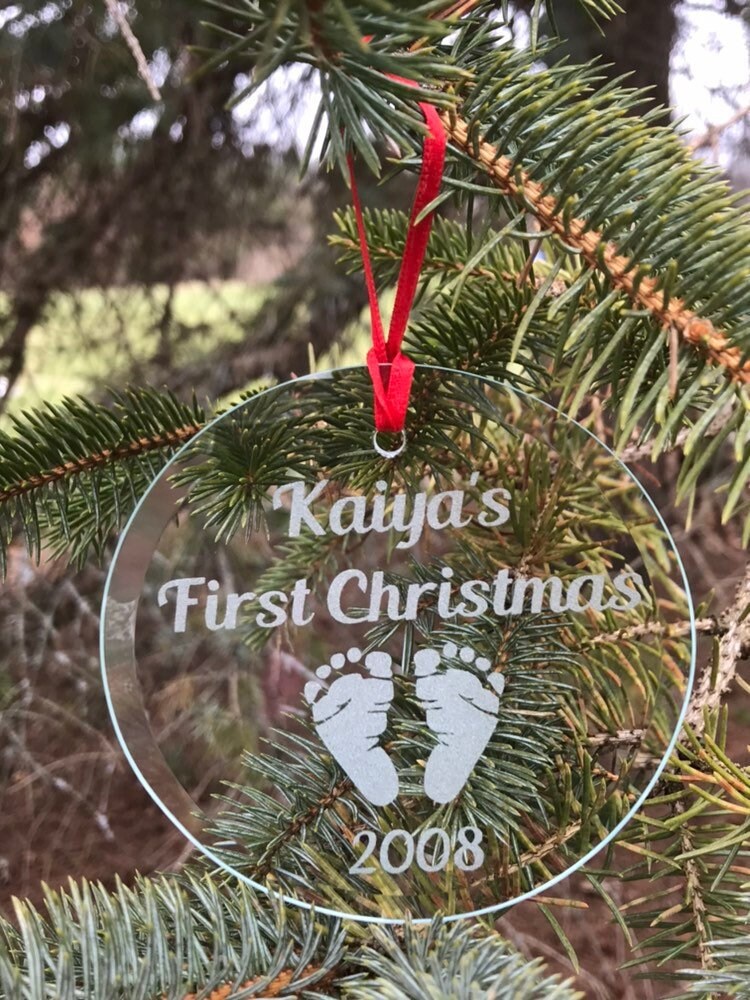 Baby's First Christmas ornament, etched glass with name, year and footprints
