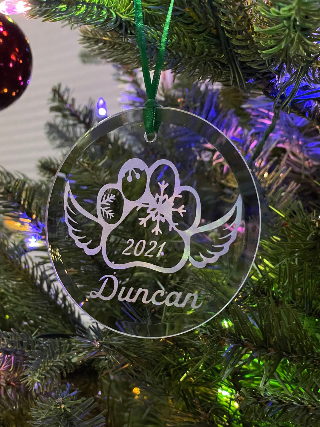 Dog memorial ornament, etched glass paw print with wings, name and year