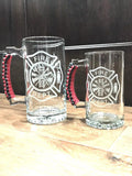 Firefighter beer mug with etched Maltese cross