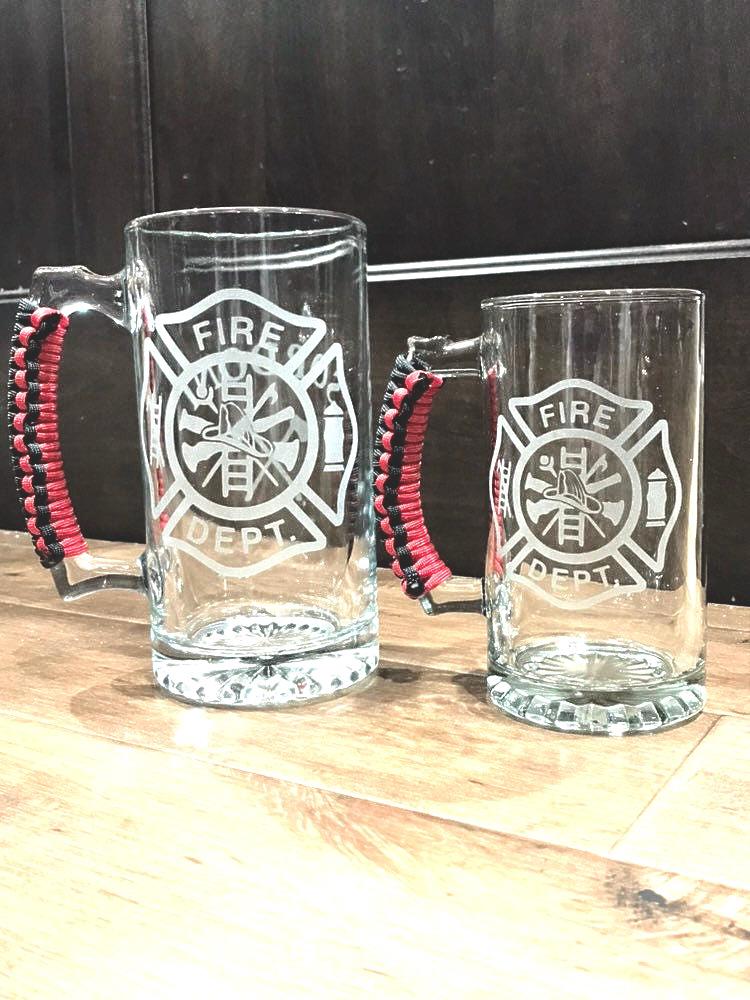 Firefighter beer mug with etched Maltese cross