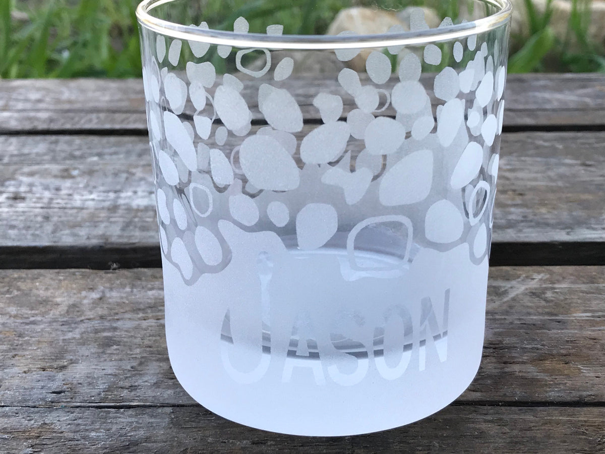 Trout skin whiskey glass with etched fish scale pattern