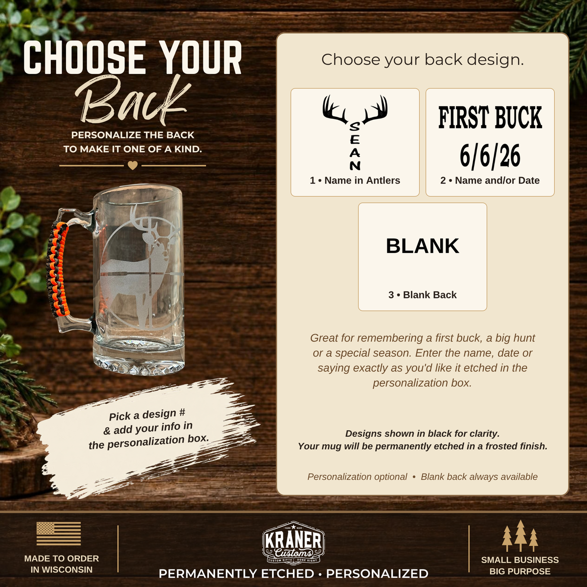 Deer Hunter Beer Mug, Etched Buck with Name in Antlers, Paracord Handle Option
