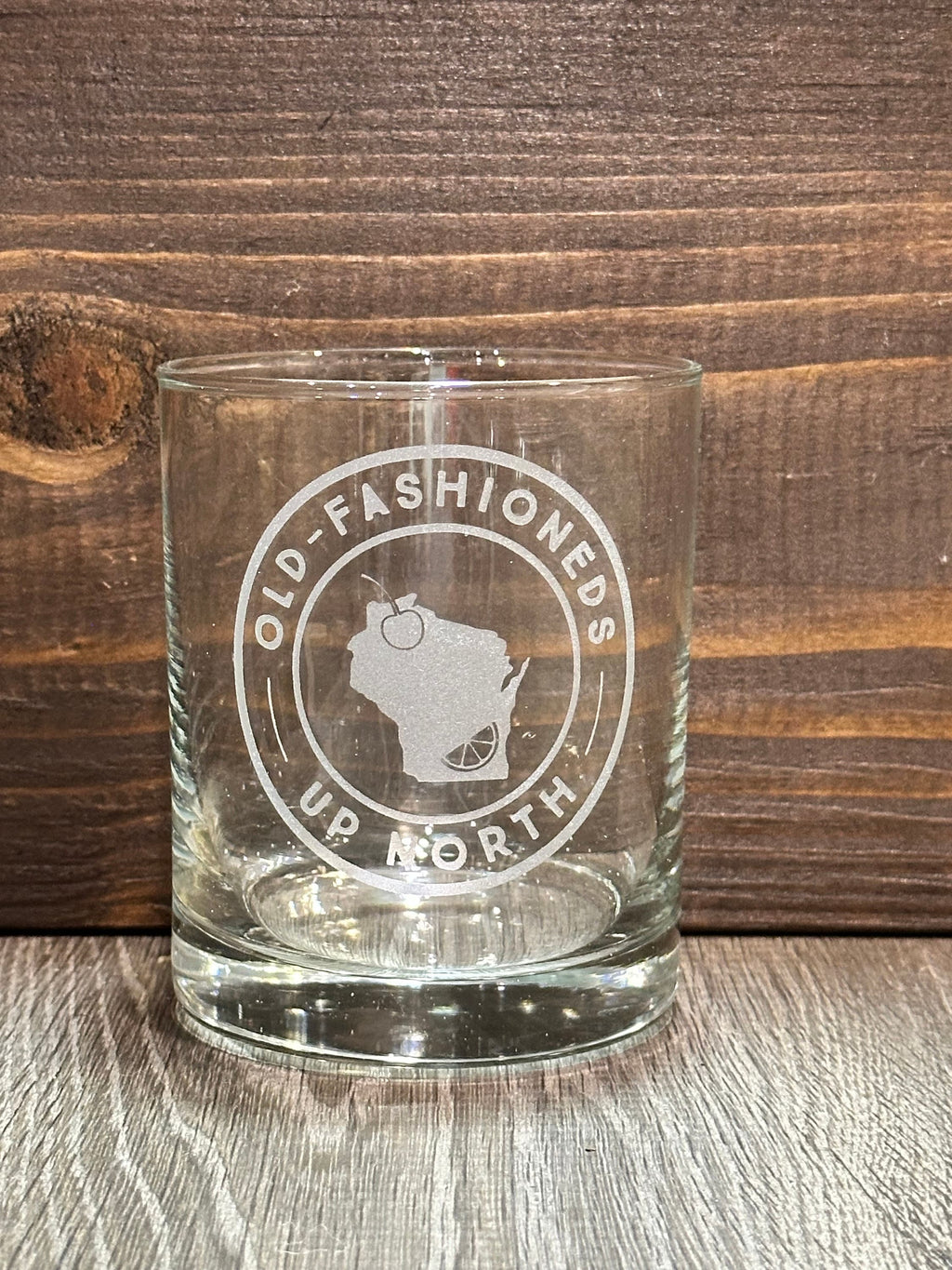 Wisconsin Old Fashioned whiskey glass, etched rocks glass