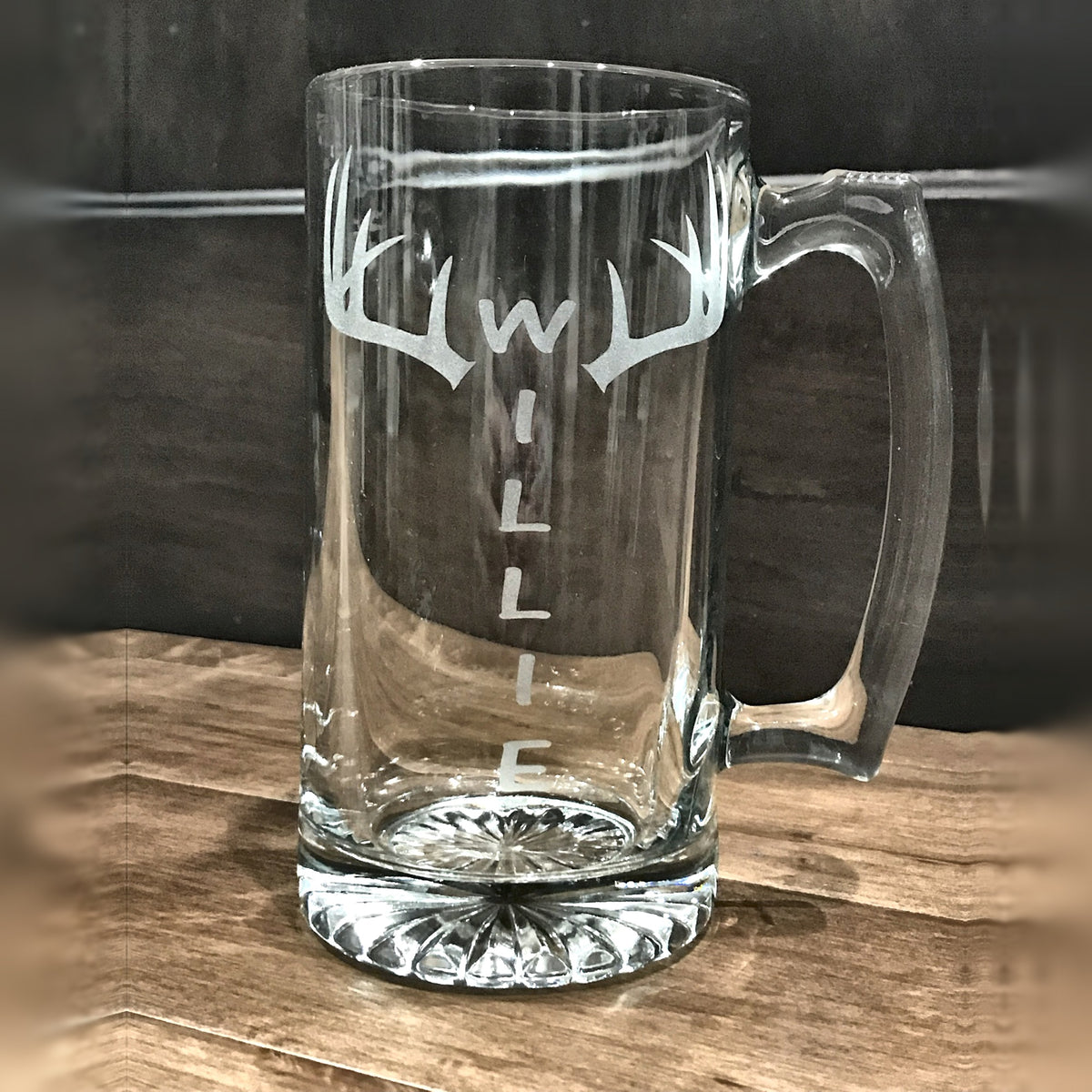 Deer Hunter Beer Mug, Etched Buck with Name in Antlers, Paracord Handle Option