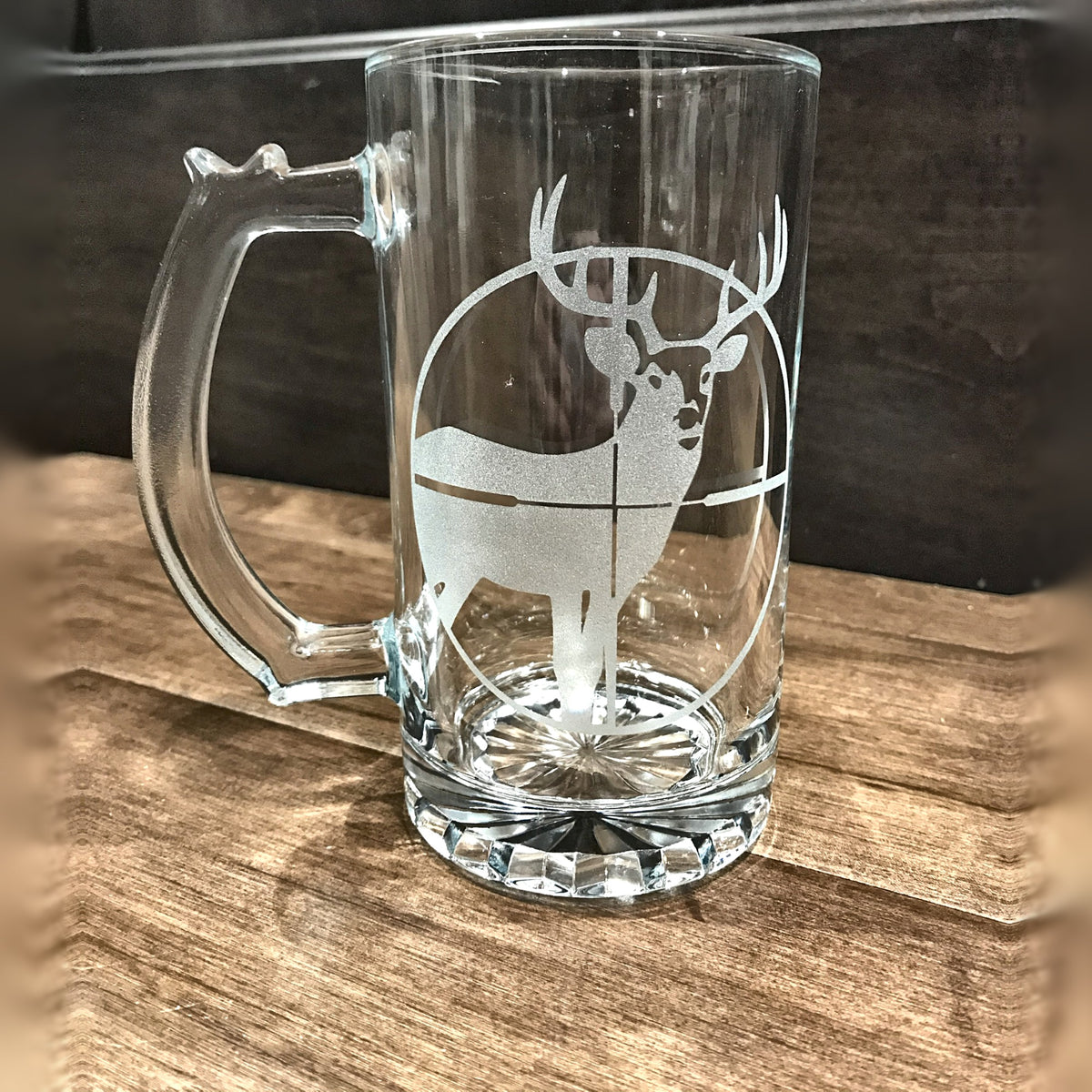 Deer Hunter Beer Mug, Etched Buck with Name in Antlers, Paracord Handle Option