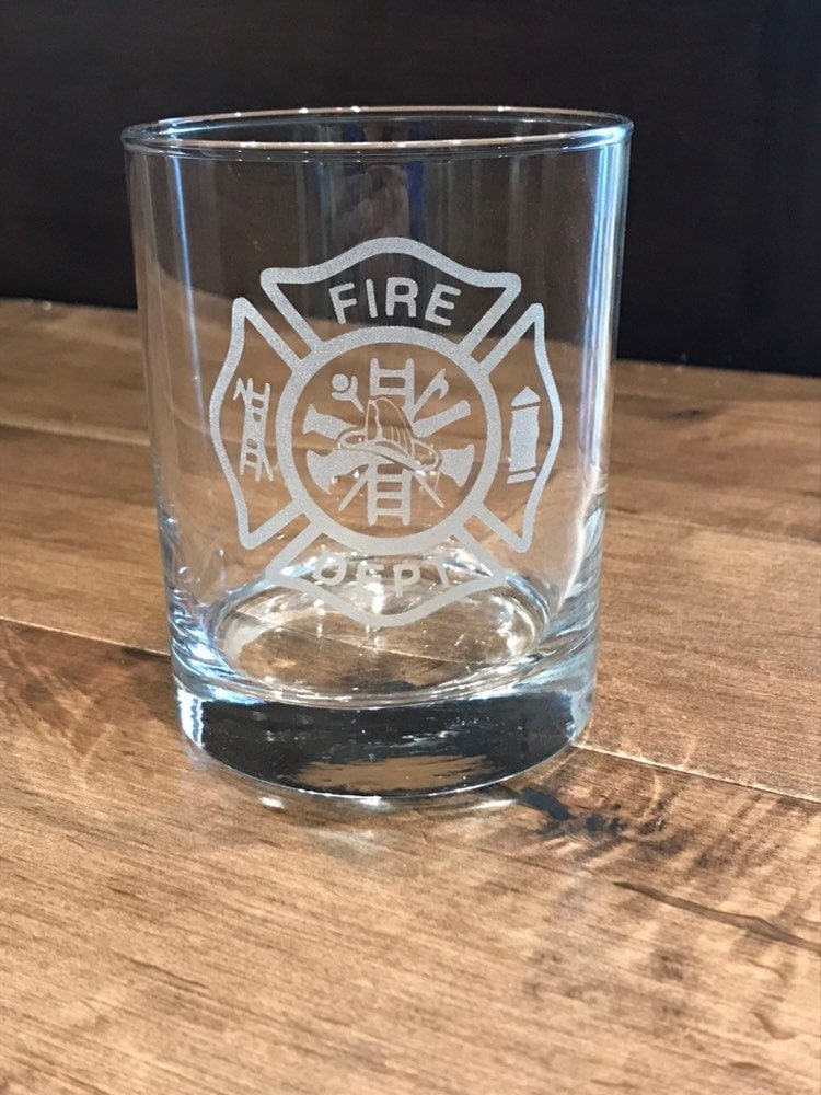 Firefighter whiskey glass with etched Maltese cross